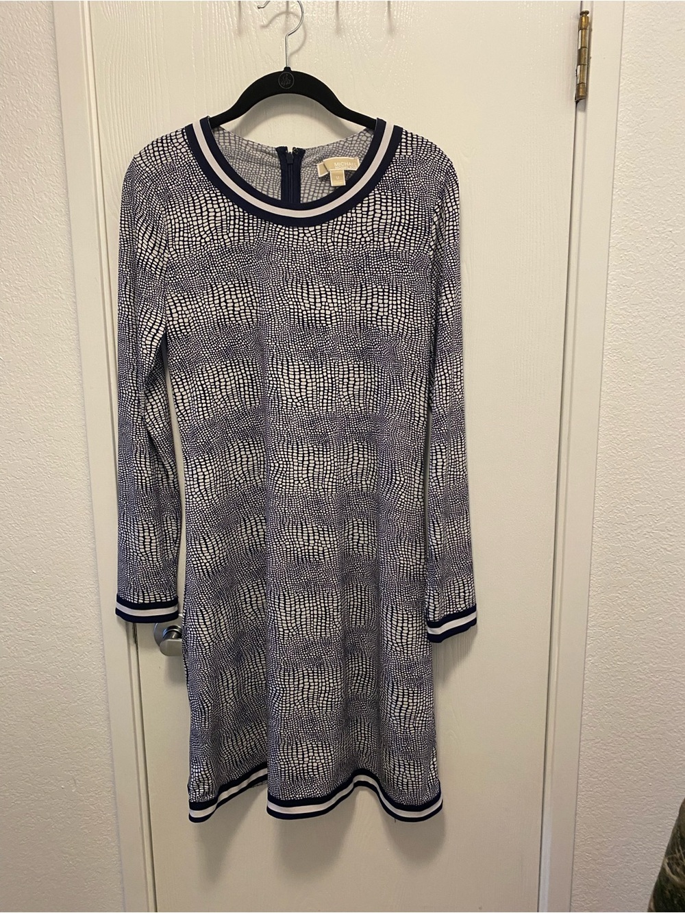 Michael Kors Navy and White Textured Long Sleeve Knit Dress